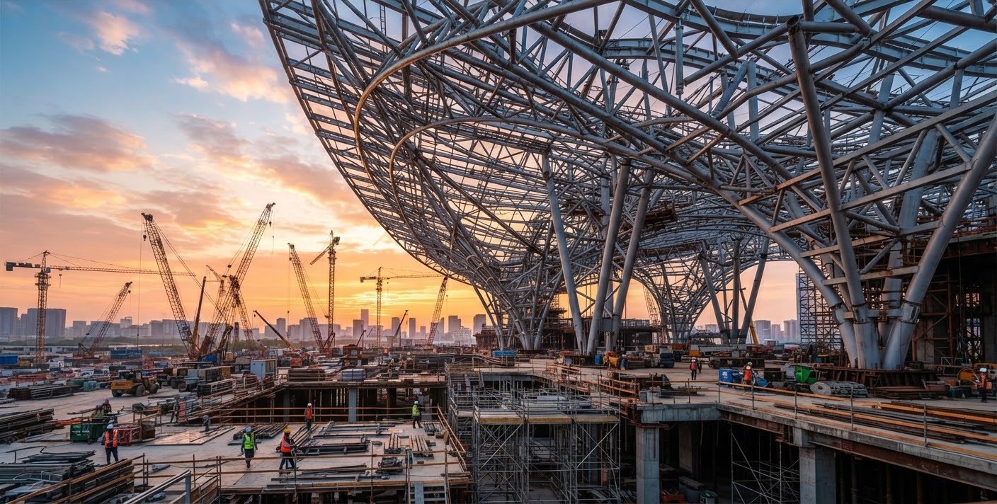 A Superior Building Group site at sunrise: tower cranes around a steel roof structure