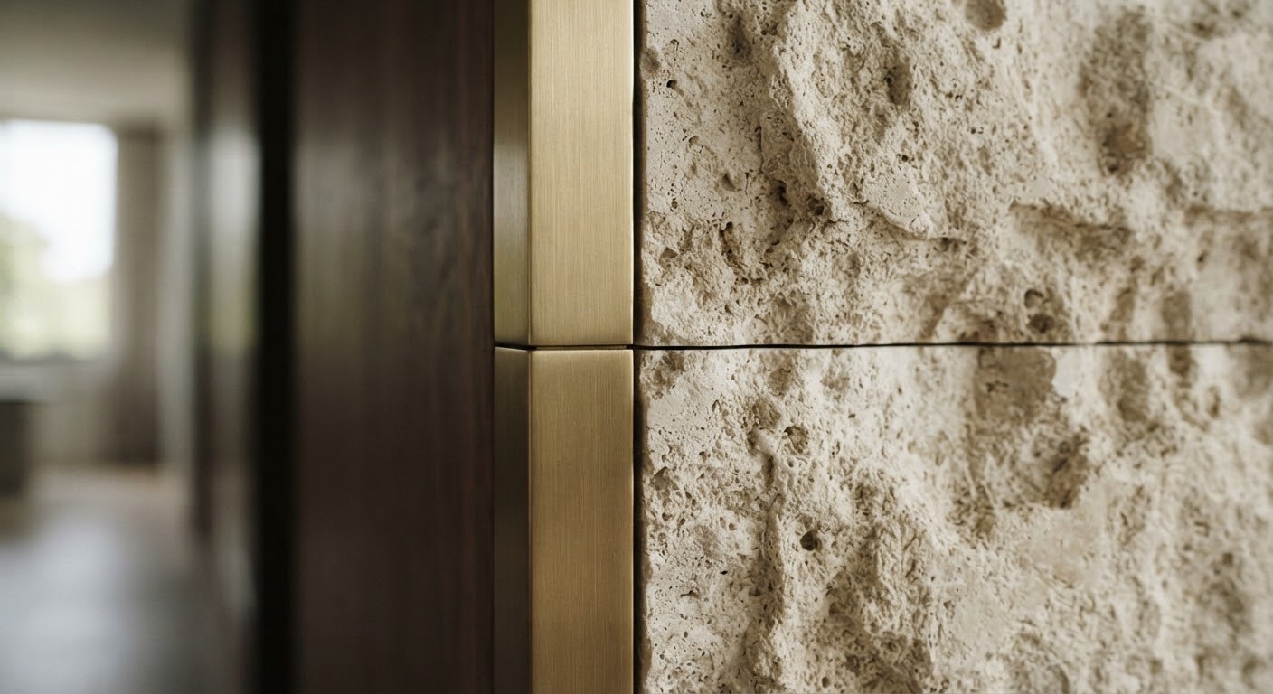 Brushed brass detailing meeting travertine