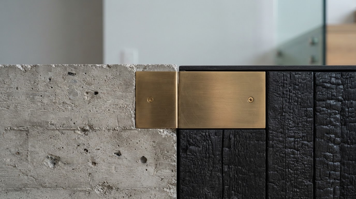 Macro detail of board-formed concrete, brushed brass and charred timber